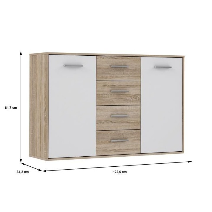 Buffet bas PILVI - 2 portes et 4 tiroirs - Blanc et chene sonoma - L 1