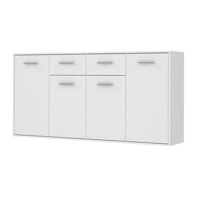 Buffet bas PILVI - 4 portes et 2 tiroirs - Blanc mat - L 162,3 x P 34,2 x H 88,1 cm