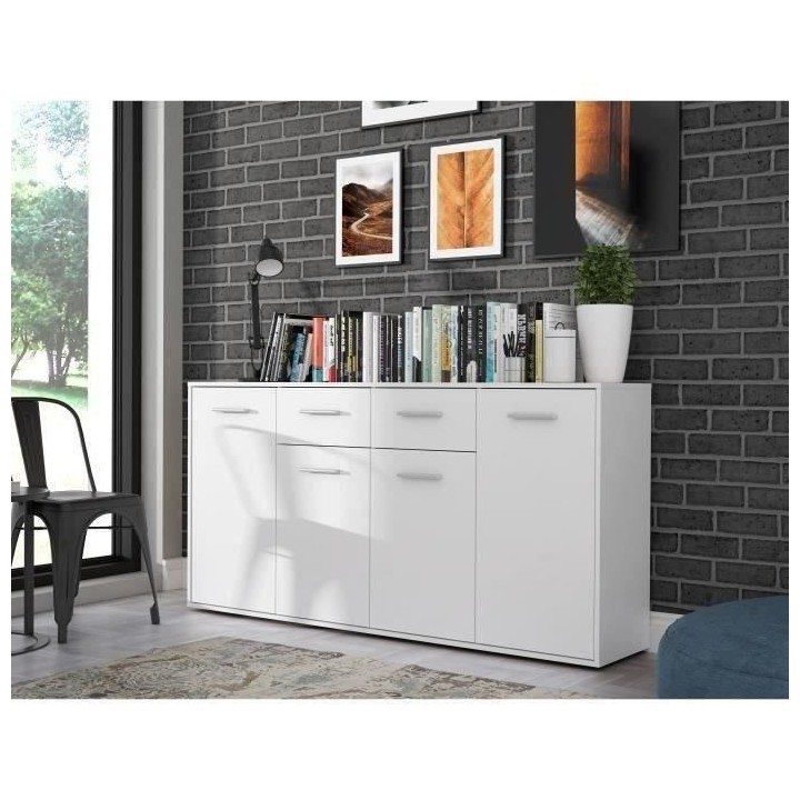 Buffet bas PILVI - 4 portes et 2 tiroirs - Blanc mat - L 162,3 x P 34,