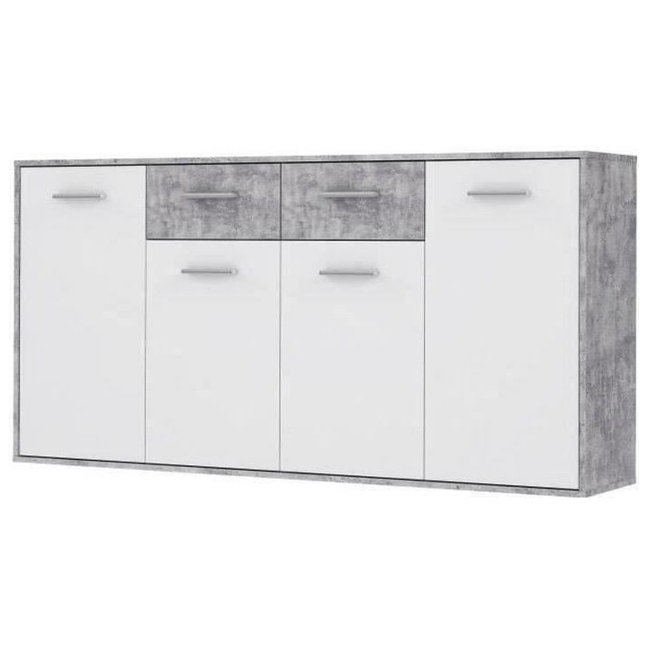 Buffet bas PILVI - 4 portes et 2 tiroirs - Blanc et béton clair - L 1