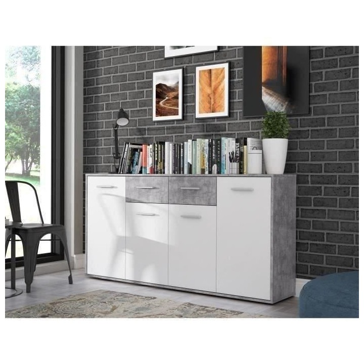 Buffet bas PILVI - 4 portes et 2 tiroirs - Blanc et béton clair - L 1