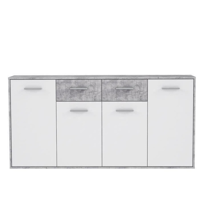 Buffet bas PILVI - 4 portes et 2 tiroirs - Blanc et béton clair - L 1
