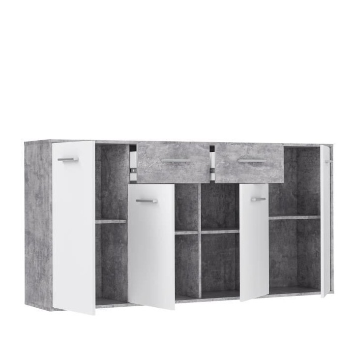 Buffet bas PILVI - 4 portes et 2 tiroirs - Blanc et béton clair - L 1