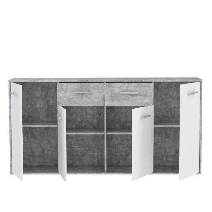 Buffet bas PILVI - 4 portes et 2 tiroirs - Blanc et béton clair - L 1
