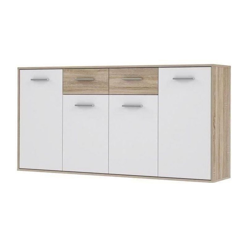 Buffet bas PILVI - 4 portes et 2 tiroirs - Blanc et chene sonoma - L 162,3 x P 34,2 x H 88,1 cm