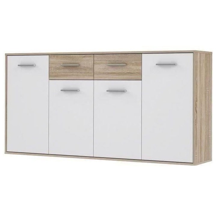 Buffet bas PILVI - 4 portes et 2 tiroirs - Blanc et chene sonoma - L 1