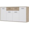 Buffet bas PILVI - 4 portes et 2 tiroirs - Blanc et chene sonoma - L 162,3 x P 34,2 x H 88,1 cm