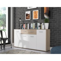 Buffet bas PILVI - 4 portes et 2 tiroirs - Blanc et chene sonoma - L 162,3 x P 34,2 x H 88,1 cm