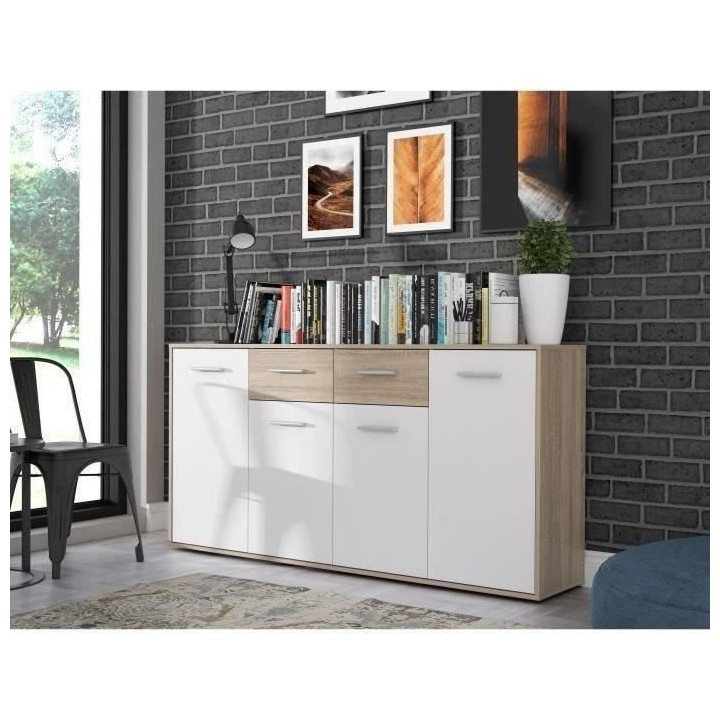 Buffet bas PILVI - 4 portes et 2 tiroirs - Blanc et chene sonoma - L 1