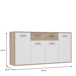 Buffet bas PILVI - 4 portes et 2 tiroirs - Blanc et chene sonoma - L 162,3 x P 34,2 x H 88,1 cm