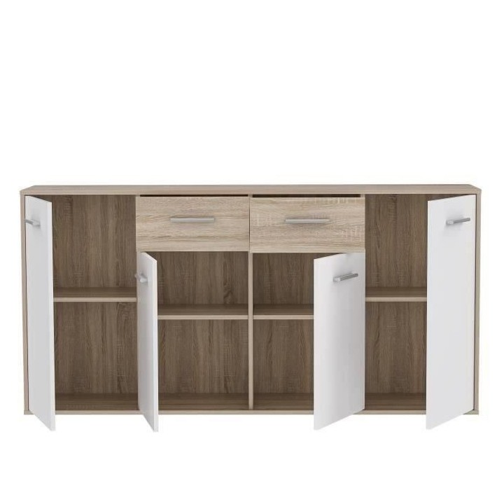 Buffet bas PILVI - 4 portes et 2 tiroirs - Blanc et chene sonoma - L 1