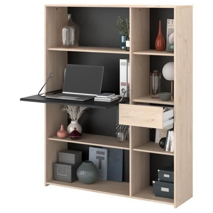 Secrétaire bibliotheque - 1 abattant & 1 tiroir - Chene et noir - L 1