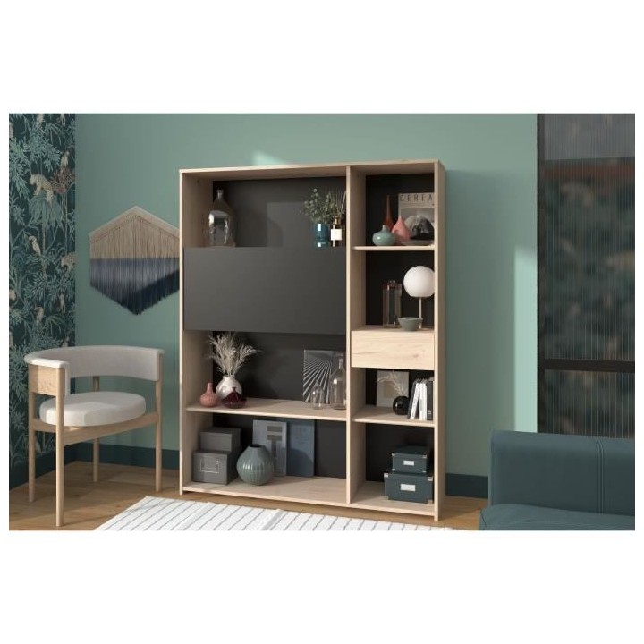 Secrétaire bibliotheque - 1 abattant & 1 tiroir - Chene et noir - L 1