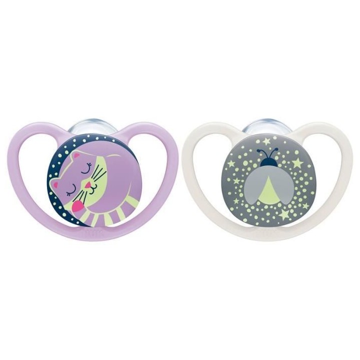 Nuk Space Night Sucette Physiologique Violette Gris +6m Lot de 2