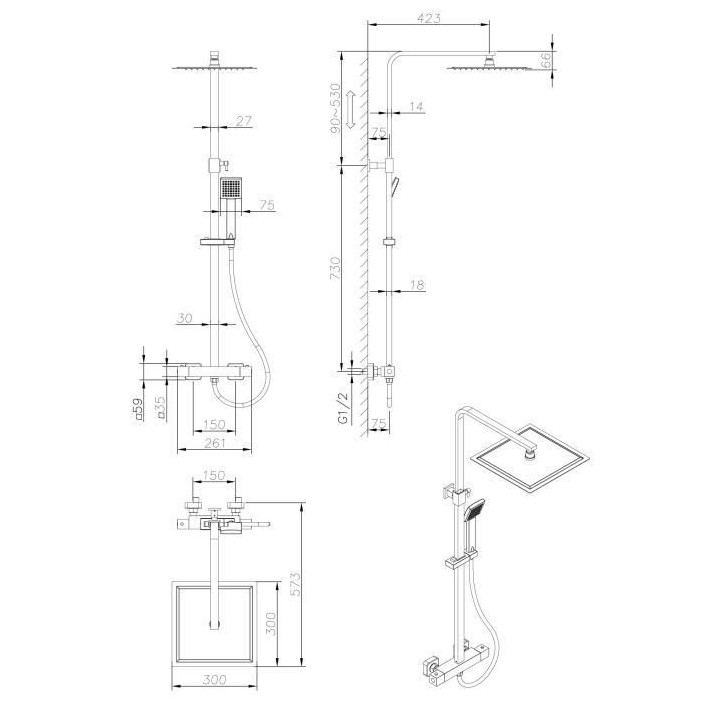 Colonne de douche OCEANIC - Mitigeur thermostatique - Pomme haute carr