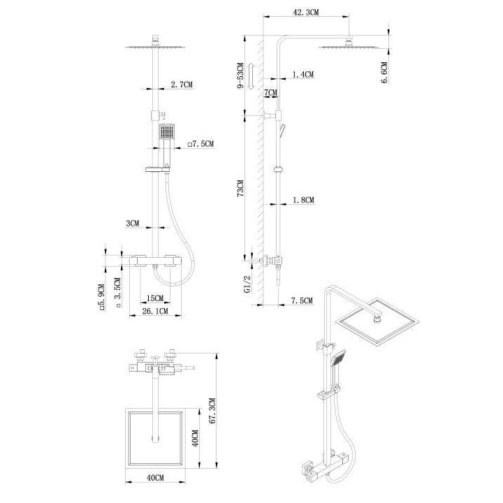 Colonne de douche OCEANIC - Mitigeur thermostatique - Pomme haute carr