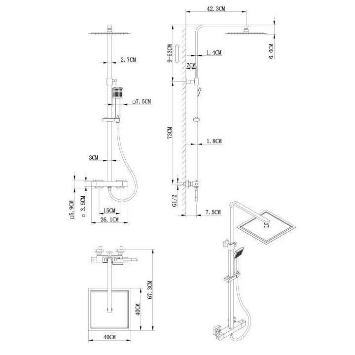 Colonne de douche OCEANIC - Mitigeur thermostatique - Pomme haute carr