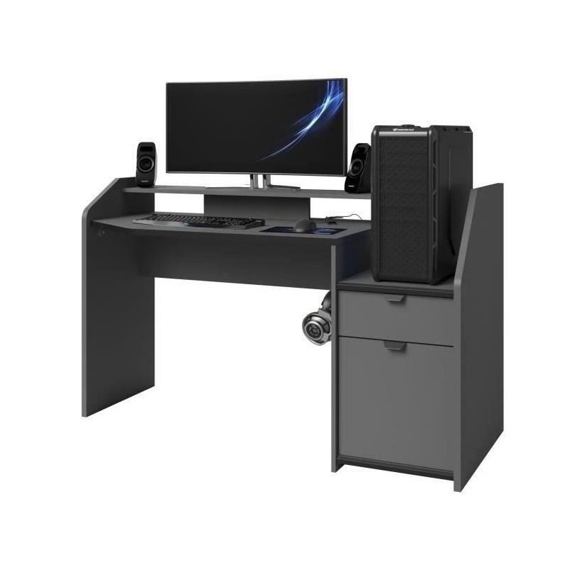 Bureau de jeu Gaming - Panneaux de particules - Décor gris et noir - L 154 x P 92 x H 68 cm - PARISOT