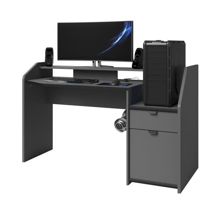 Bureau de jeu Gaming - Panneaux de particules - Décor gris et noir -