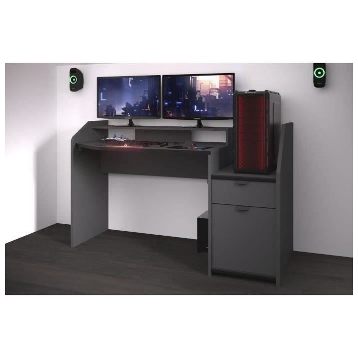 Bureau de jeu Gaming - Panneaux de particules - Décor gris et noir -