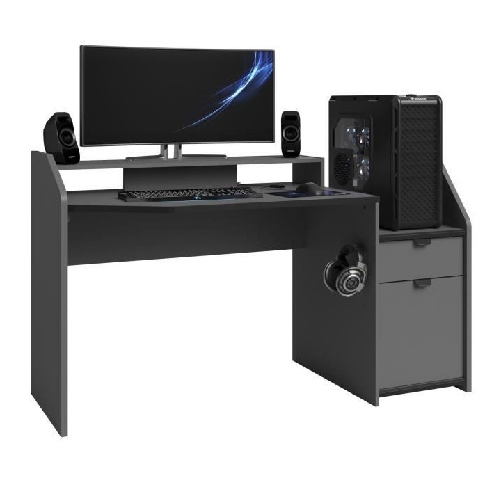 Bureau de jeu Gaming - Panneaux de particules - Décor gris et noir -