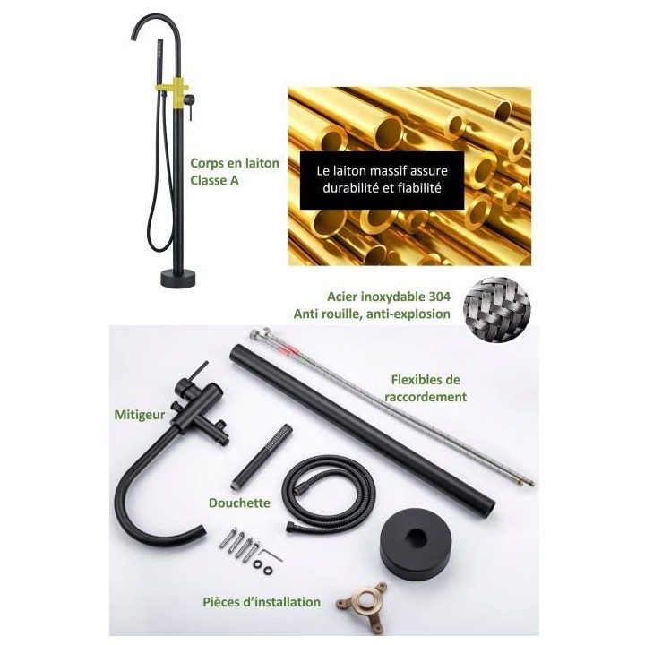 Mitigeur sur pied pour baignoire îlot - Mécanique - Noir mat - OCEAN