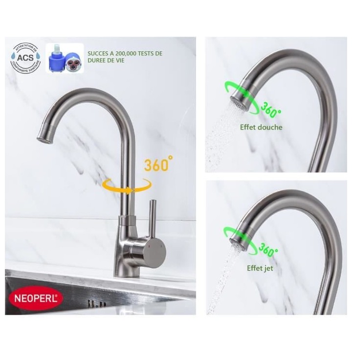 Robinet de cuisine - Mitigeur mécanique - Rotatif 360° - 2 jets - OC