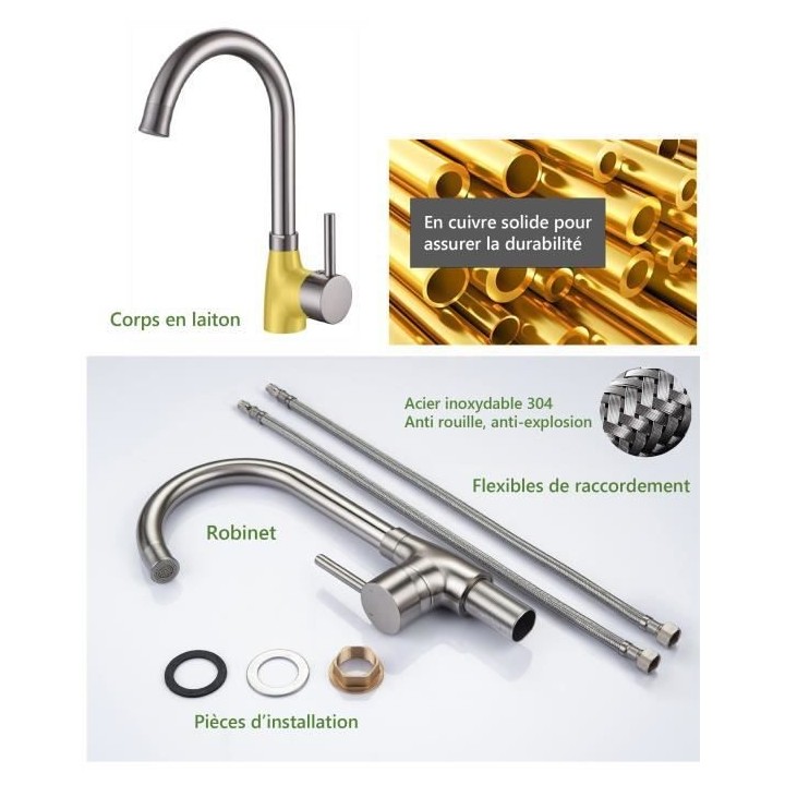 Robinet de cuisine - Mitigeur mécanique - Rotatif 360° - 2 jets - OC