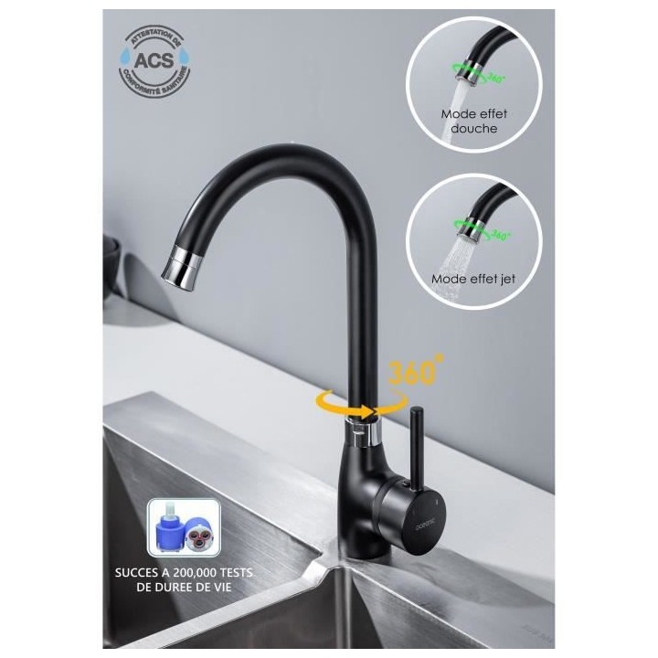 Mitigeur de cuisine - Noir/Chrome - Mécanique - OCEANIC - Rotatif 360