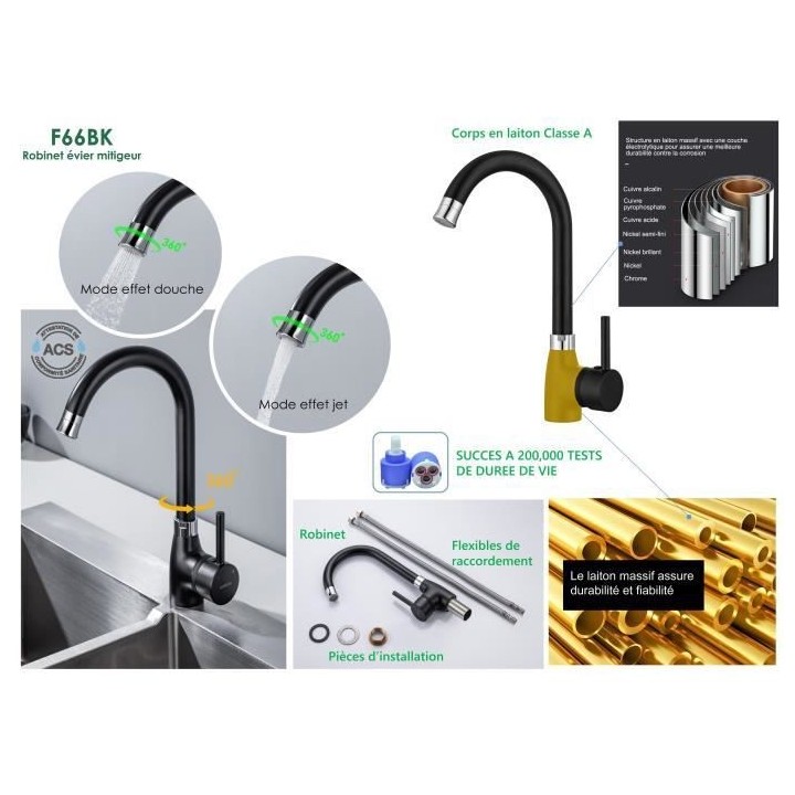 Mitigeur de cuisine - Noir/Chrome - Mécanique - OCEANIC - Rotatif 360