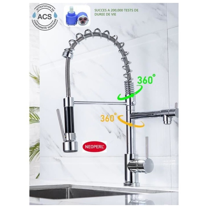 Robinet de cuisine - Mitigeur évier - Rotatif 360° - 2 jets - OCEANI