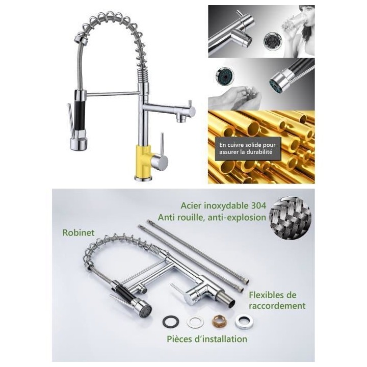 Robinet de cuisine - Mitigeur évier - Rotatif 360° - 2 jets - OCEANI