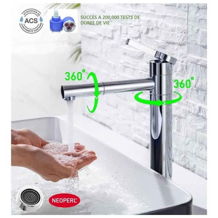 Mitigeur pour vasque et lavabo - Mécanique - Droit avec bec pivotant