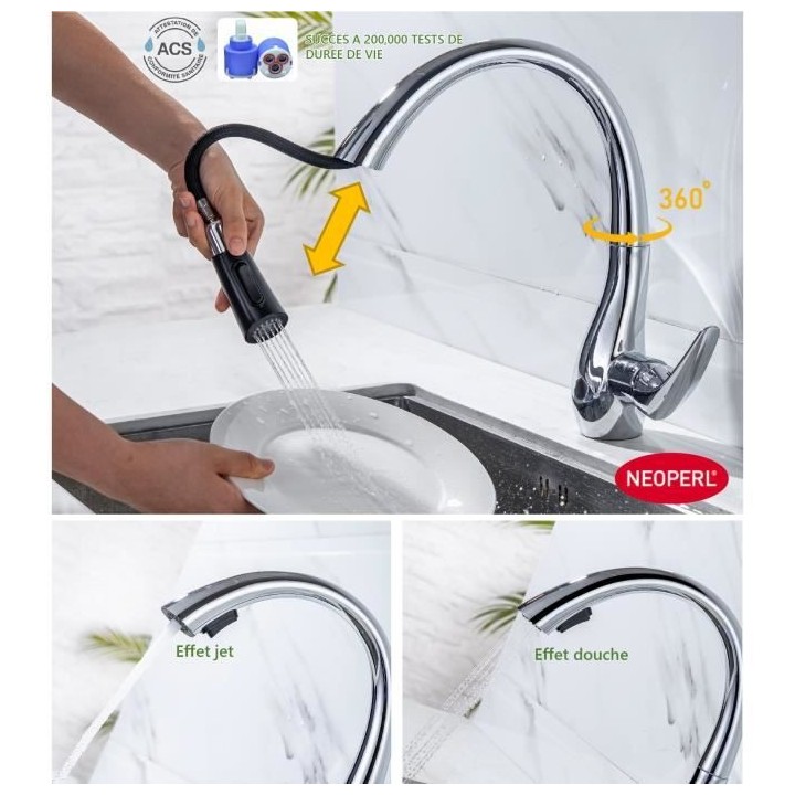 Robinet de cuisine - Mitigeur mécanique - Rotatif 360° - 2 jets - OC