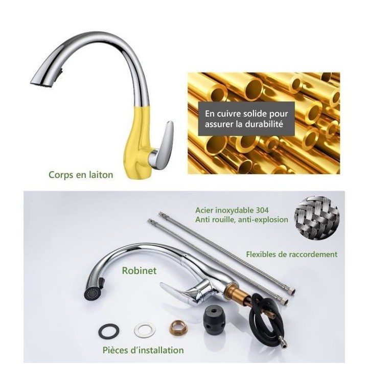 Robinet de cuisine - Mitigeur mécanique - Rotatif 360° - 2 jets - OC