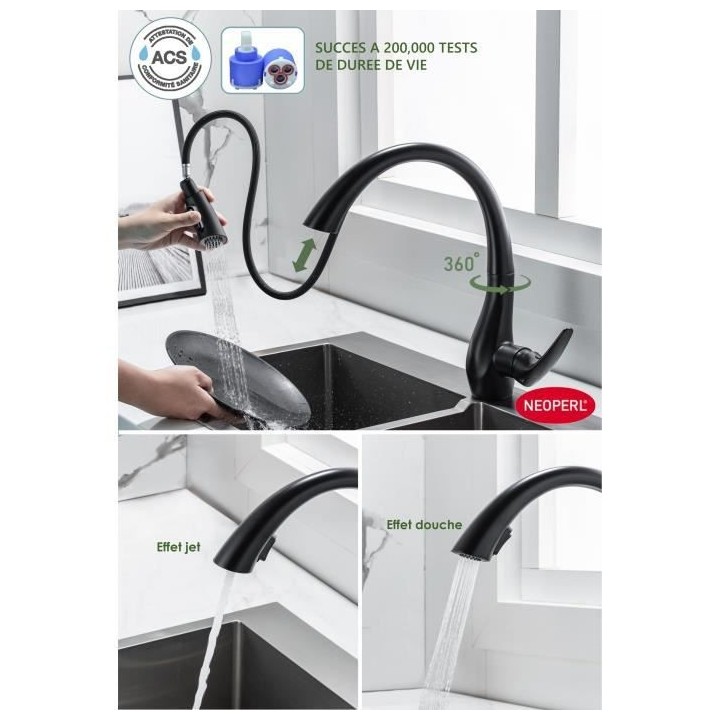 Robinet de cusine - Mitigeur mécanique - Noir mat - Rotatif 360° - 2