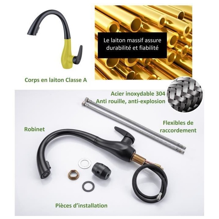 Robinet de cusine - Mitigeur mécanique - Noir mat - Rotatif 360° - 2