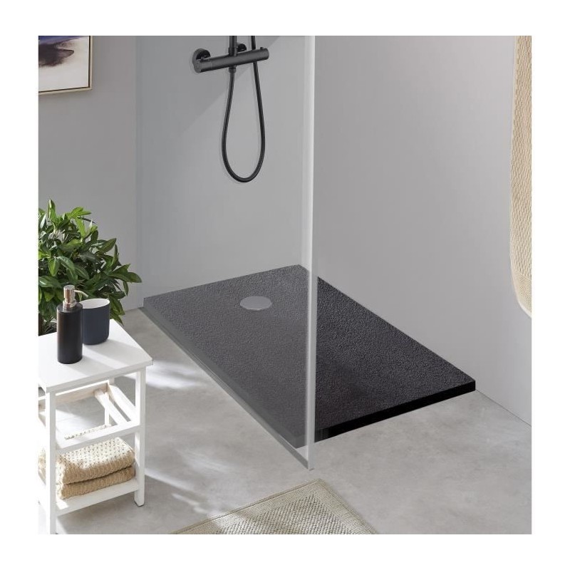 Receveur de douche en résine - Rectangulaire - 140x90x3,5 cm - OCEANIC - Gris anthracite - Bonde de vidage et pieds inclus - Mo