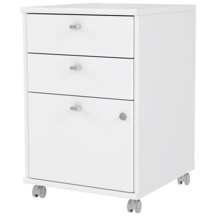 PALMA Caisson sur roulettes a clés - 3 tiroirs - Décor papier blanc