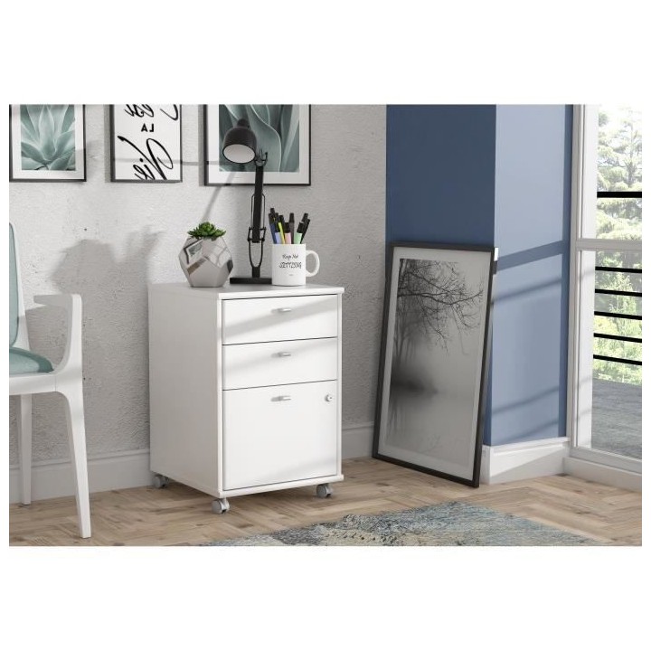 PALMA Caisson sur roulettes a clés - 3 tiroirs - Décor papier blanc