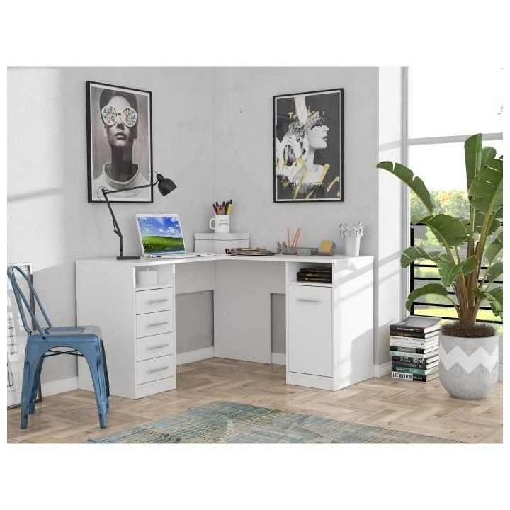 TOLEDE Bureau d'angle 1 porte 4 tiroirs - Décor papier blanc - L 125