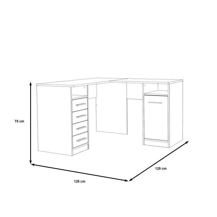 TOLEDE Bureau d'angle 1 porte 4 tiroirs - Décor papier blanc - L 125