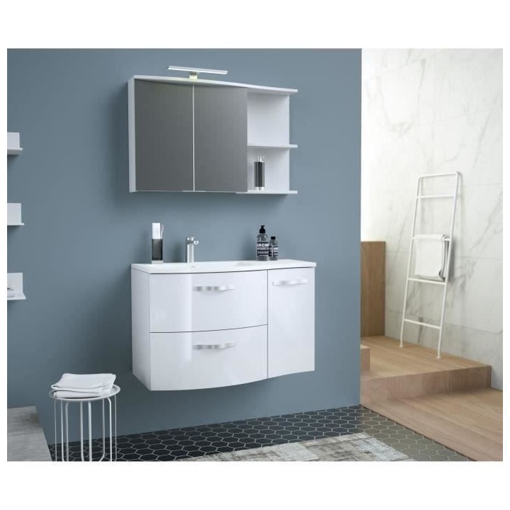 ONDE Meuble de Salle de bain simple vasque L 90cm - Blanc brillant