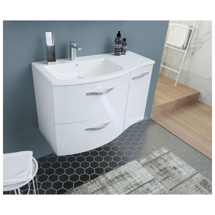 ONDE Meuble de Salle de bain simple vasque L 90cm - Blanc brillant