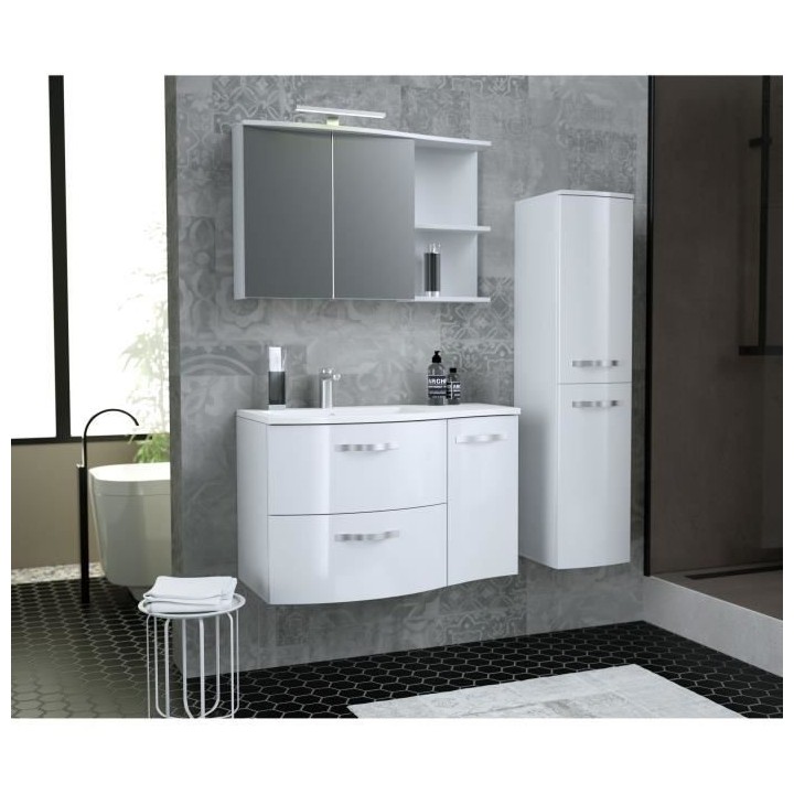 ONDE Meuble de Salle de bain simple vasque L 90cm - Blanc brillant