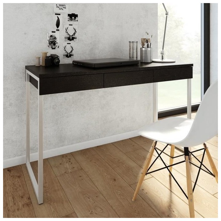TVILUM Bureau 3 tiroirs - Décor frene noir - L 125,8 x P 51,6 x H 76,