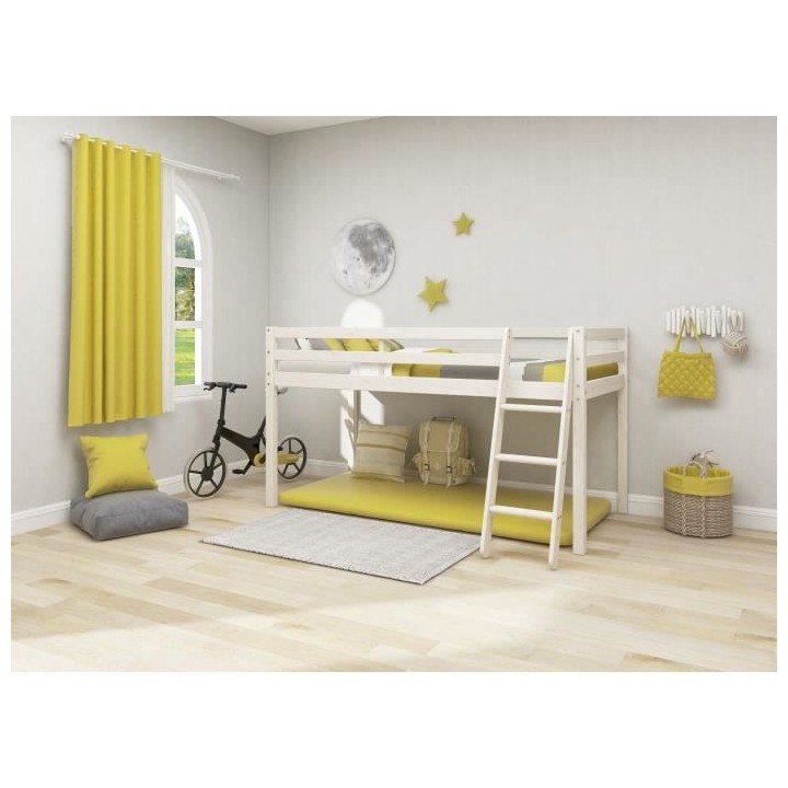 Lit mi-hauteur enfant - 90 x 190 cm - Pin massif blanchi - Sommier inc