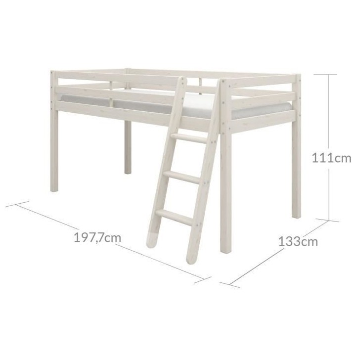 Lit mi-hauteur enfant - 90 x 190 cm - Pin massif blanchi - Sommier inc