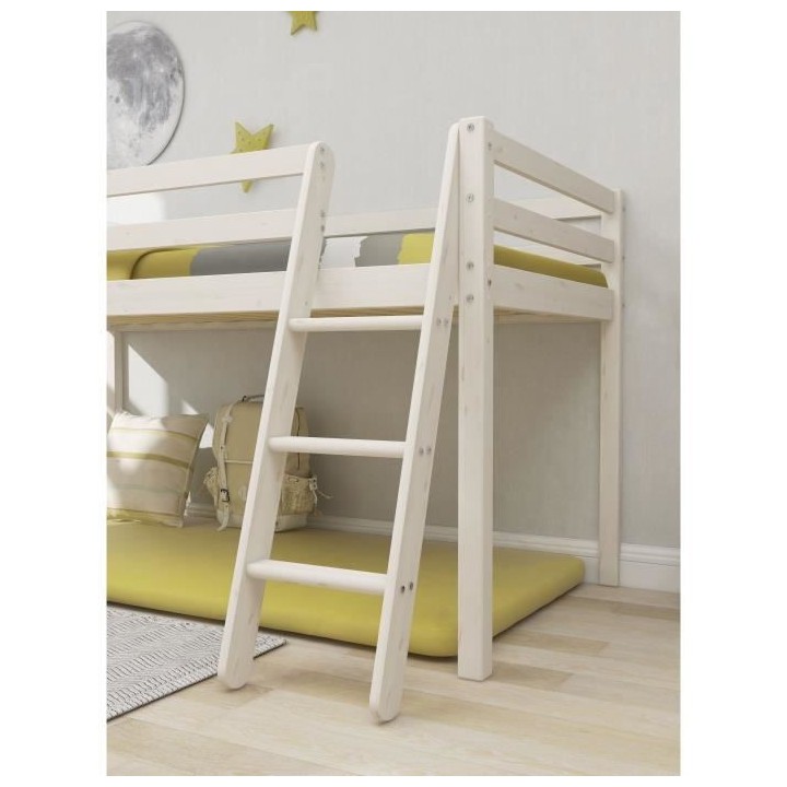 Lit mi-hauteur enfant - 90 x 190 cm - Pin massif blanchi - Sommier inc