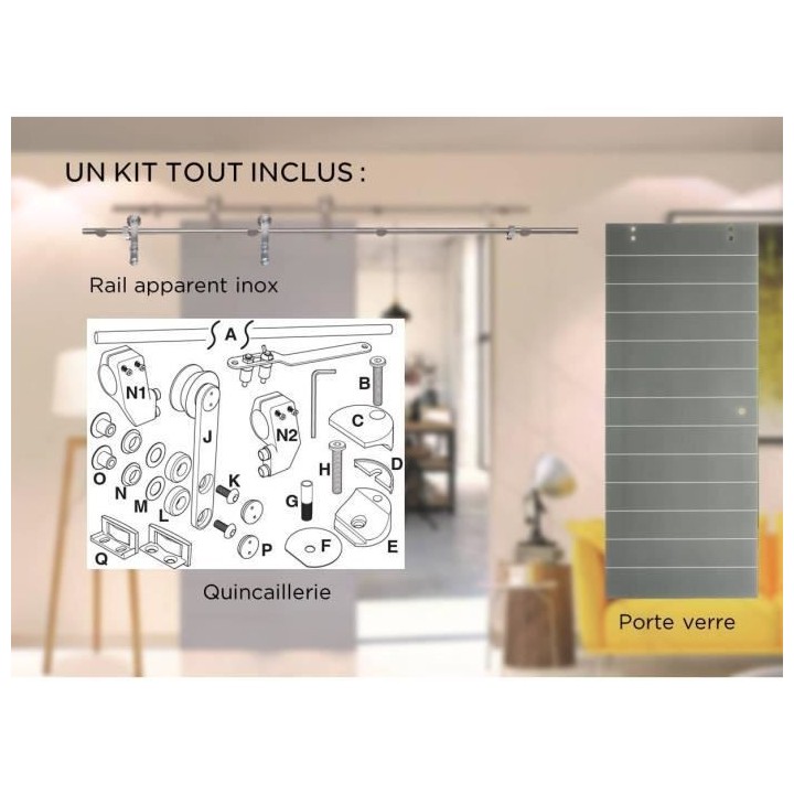 OPTIMUM - Porte coulissante en verre dépoli ciselé gris + rail appar